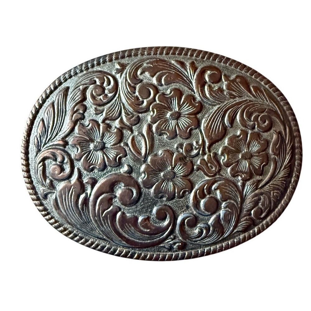 Chambers Phoenix Belt Buckle Mens Silver Western Oval Floral Rope Edge vintage